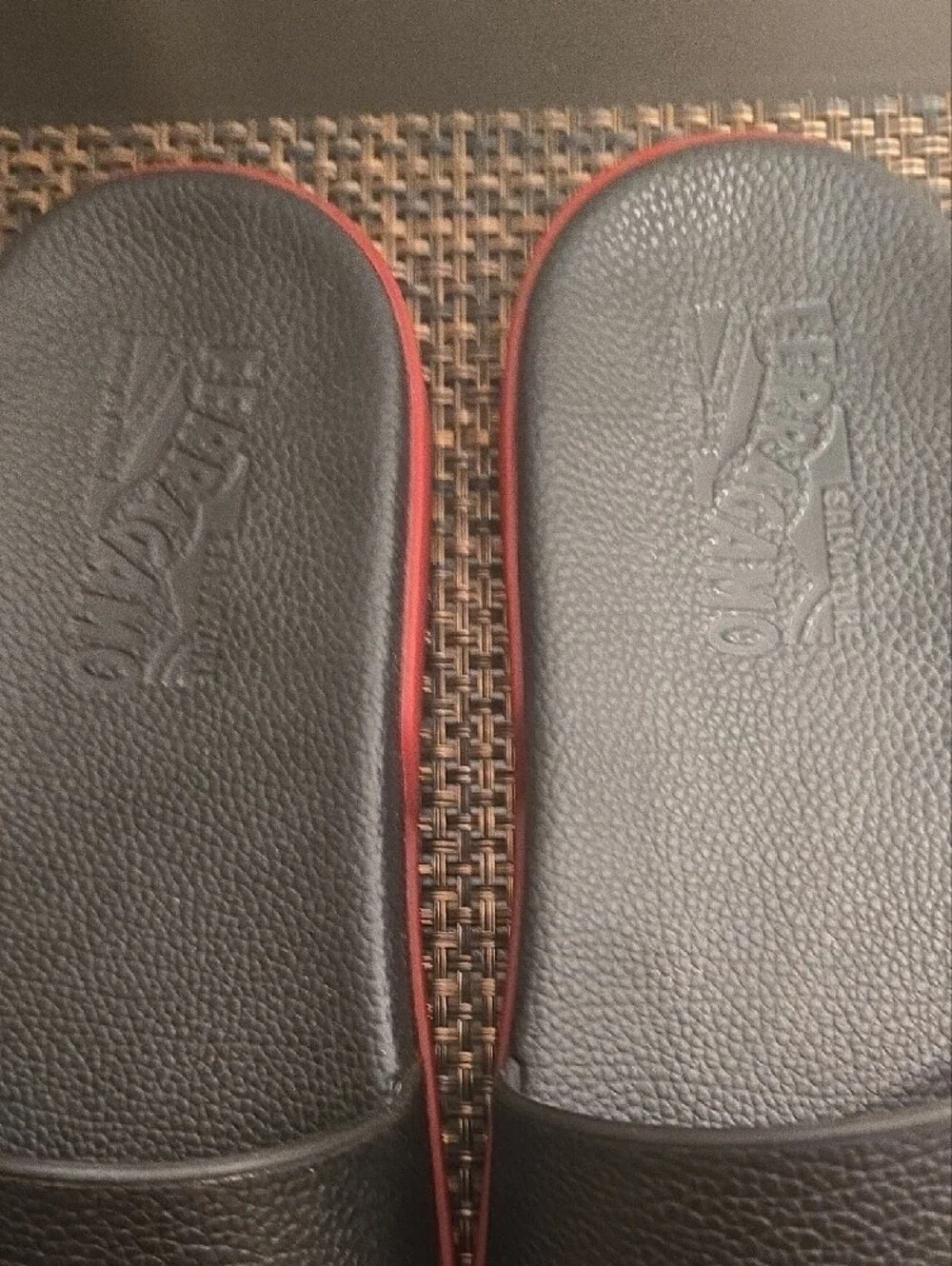 Salvatore Ferragamo Black Slides with Red Logo Band